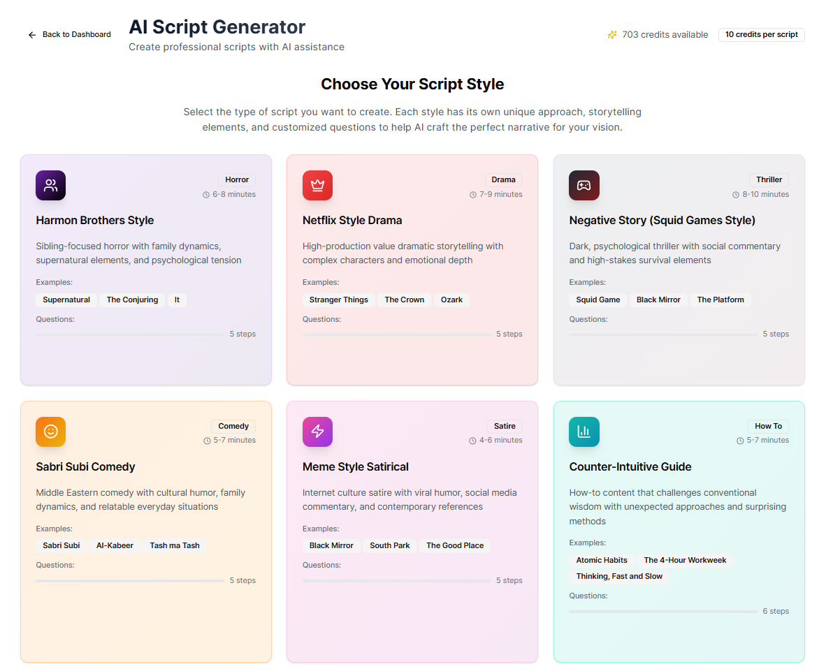 Story Flow AI Script Generator Interface - Multiple Script Types